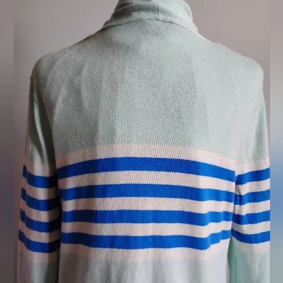 Talbots Cotton Cashmere Open Cardigan Stripe Blue Aqua Classic Size Large - Picture 10 of 15